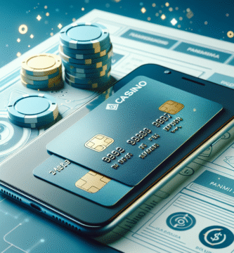 Moderni ja selkeä suomalaista kasino- ja maksutapa-aihetta kuvaava kuva: älypuhelin ja pankkikortti pöydällä, taustalla kasinoaiheisia graafisia elementtejä, rauhalliset sinivalkoiset sävyt, korkea laatu