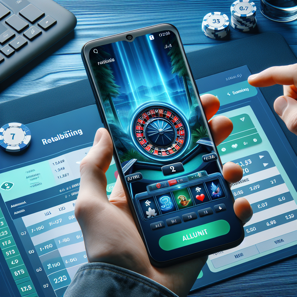 Suomalainen pelaaja käyttäen Android-puhelinta kasinon mobiilisovelluksessa: moderni, turvallinen tunnelma, pelinäkymä ja sujuva käyttöliittymä, sinivihreä väripaletti.